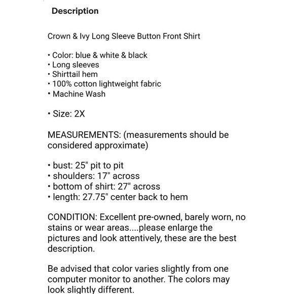 Crown & Ivy Long Sleeve Button Front Shirt  Plus Size 2X  Blue & White - Picture 5 of 5